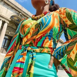 Multicolored wrap blouse with headband